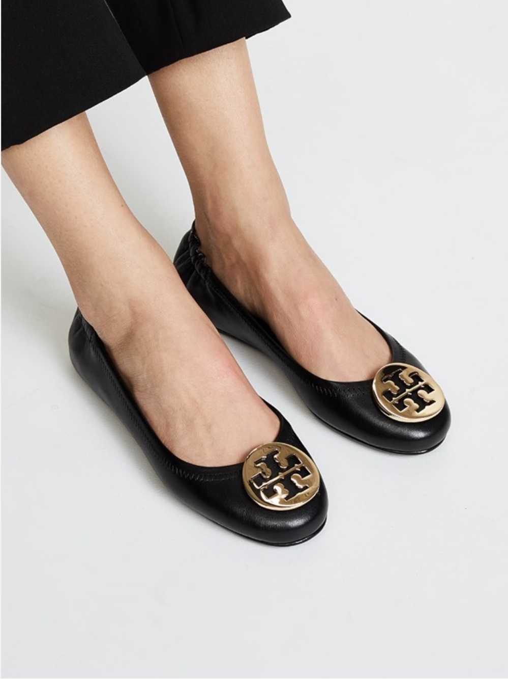Tory Burch Reva Black Leather Travel Ballet Flats Size 7